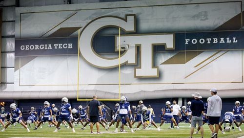Georgia Tech players are spotted participating in a drill at the Brock Indoor Practice Facility in Atlanta on Thursday, July 25, 2024.
(Miguel Martinez / AJC)