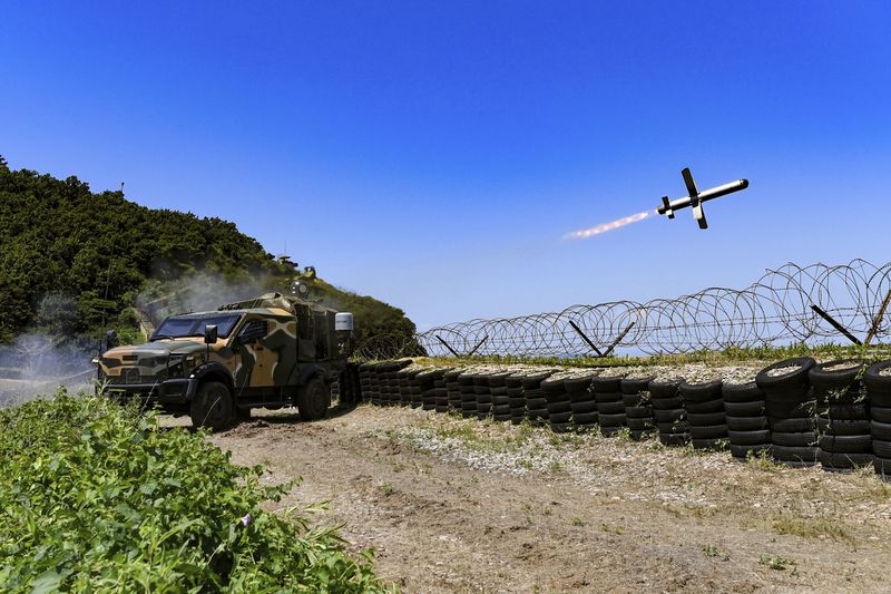 In this photo provided by the South Korea Defense Ministry, the South Korean Marine's Spike missile is launched during a live-fire drills at Yeonpyeong Island near maritime border with North Korea, South Korea, Wednesday, June 26, 2024. (South Korea Defense Ministry via AP)