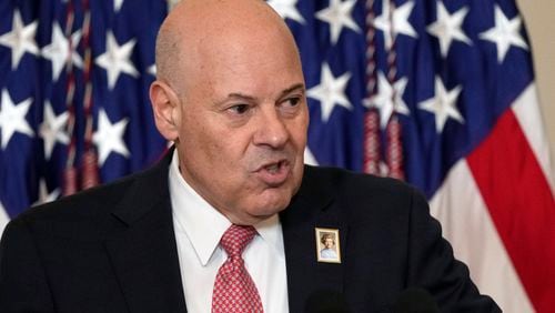 FILE - Postmaster General and CEO Louis DeJoy speaks in the East Room of the White House in Washington, March 6, 2024. (AP Photo/Susan Walsh, File)