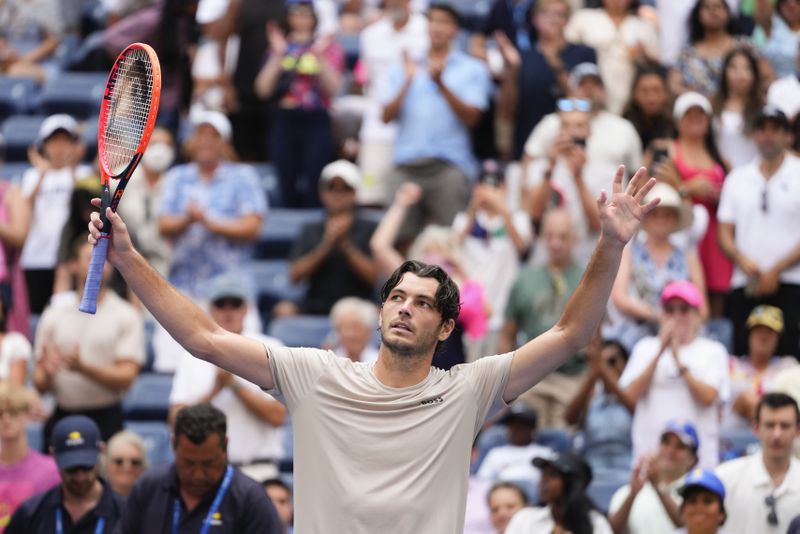 Taylor Fritz, of the United States, reacts after defeating Camilo Uno Carabelli, of Argentina, during the first round of the U.S. Open tennis championships, Monday, Aug. 26, 2024, in New York. (AP Photo/Kirsty Wigglesworth)