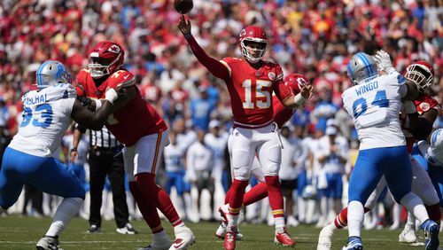 Kansas City Chiefs quarterback Patrick Mahomes (15) throws a pass against the Detroit Lions during the first half of an NFL preseason football game Saturday, Aug. 17, 2024, in Kansas City, Mo. (AP Photo/Ed Zurga)