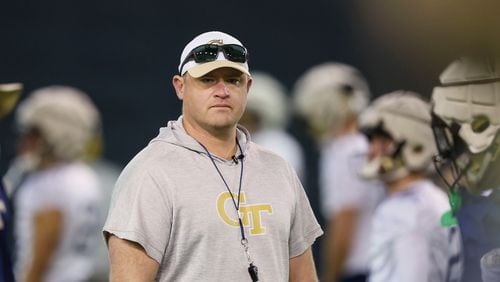 In this file photo, Georgia Tech coach Brent Key watches warm-ups during their first day of spring football practice at the Brock Indoor Practice Facility, March 11, 2024, in Atlanta. (Jason Getz/The Atlanta Journal-Constitution/TNS)