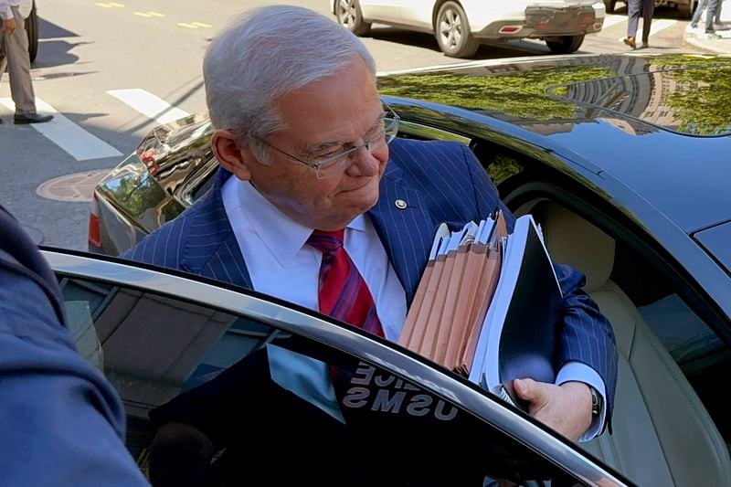 U.S. Sen. Bob Menendez, D-N.J., leaves federal court following the day's proceedings in his bribery trial, Friday, June 28, 2024, in New York. Prosecutors rested on Friday after presenting evidence for seven weeks at the bribery trial of Menendez, enabling the Democrat and two New Jersey businessmen to begin calling their own witnesses next week to support defense claims that no crimes were committed and no bribes were paid. (AP Photo/Larry Neumeister)