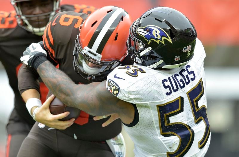 FILE - Baltimore Ravens linebacker Terrell Suggs (55) sacks Cleveland Browns quarterback Baker Mayfield (6) during the second half of an NFL football game, Sunday, Oct. 7, 2018, in Cleveland. (AP Photo/David Richard, File)