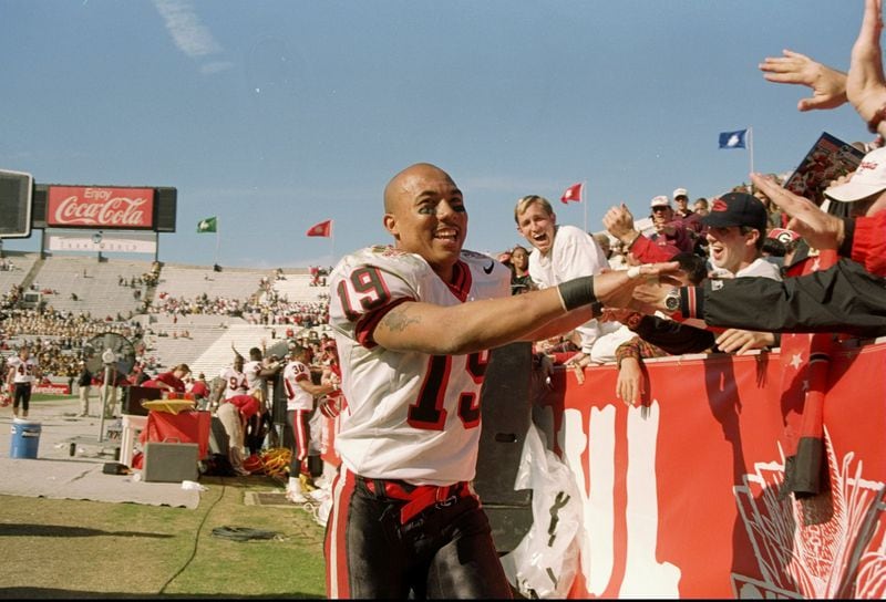 Wide receiver Hines Ward of the Georgia Bulldogs celebrates during the Outback Bowl against the Wisconsin Badgers at Houlihan''s Stadium in Tampa, Florida. Georgia won the game, 33-6.