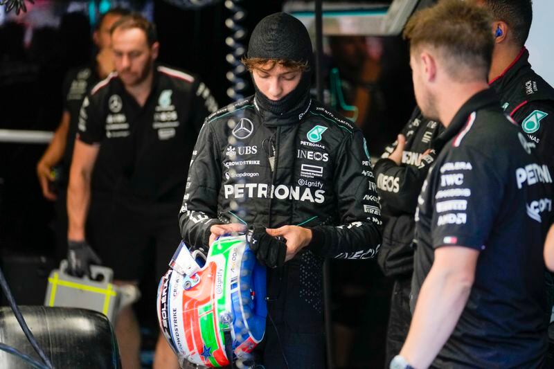 Mercedes driver Andrea Kimi Antonelli of Italy prepares for the first free practice ahead of the Formula One Italian Grand Prix race at the Monza racetrack, in Monza, Italy, Friday, Aug. 30, 2024. (AP Photo/Luca Bruno)