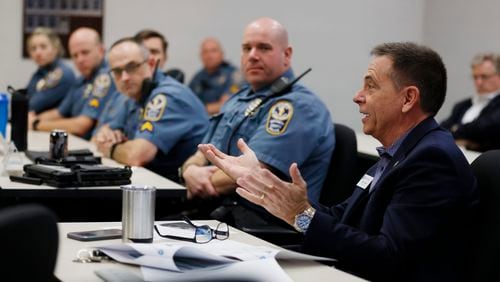 Gwinnett County commissioner Mathew Holtkamp speaks to police officers from different precincts during the Compstat meeting at the Gwinnett County Police Department headquarters on Thursday, March 9, 2023.
Miguel Martinez /miguel.martinezjimenez@ajc.com