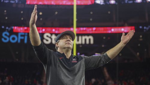 Georgia head coach Kirby Smart celebrates after their win against TCU in the 2023 College Football Playoff National Championship at SoFi Stadium, Monday, Jan. 9, 2023, in Inglewood, Ca. Georgia won 65-7. (Jason Getz / Jason.Getz@ajc.com)