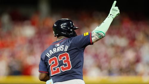 Atlanta Braves' Michael Harris celebrates his home run against the Cincinnati Reds during the eighth inning of a baseball game, Wednesday, Sept. 18, 2024, in Cincinnati. (AP Photo/Jay LaPrete)