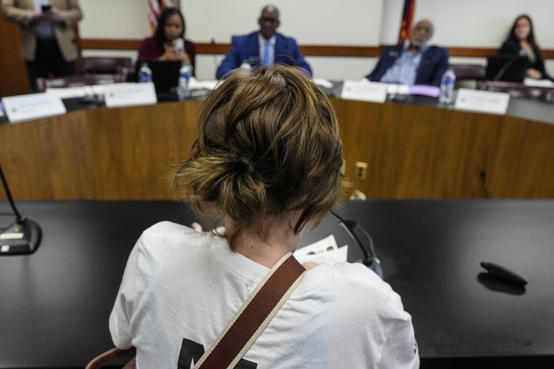 Autum Humphries, a student at the Morgan Oliver School, speaks to legislators during a meeting at the state Capitol, where children spoke to legislators about gun violence, Thursday, Sept. 19, 2024, in Atlanta. (AP Photo/Mike Stewart)