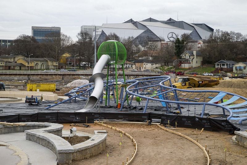 Construction in the playground area is underway at Rodney Cook Sr. Park in Atlanta’s Vine City community and will open this summer. The distinguishing set of statues that will set the park apart have not yet been delivered. (ALYSSA POINTER/ALYSSA.POINTER@AJC.COM)