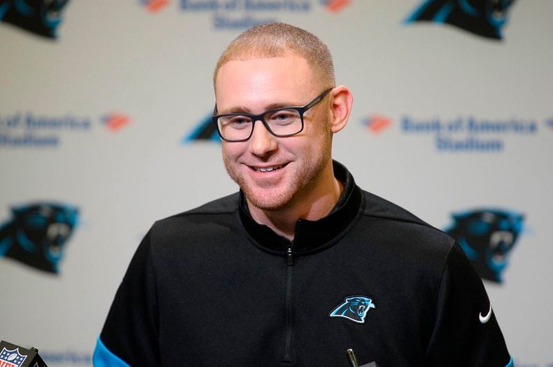 Carolina Panthers new offensive coordinator Joe Brady listens to a question from the media during his introductory press conference at Bank of America Stadium on Friday, Jan. 17, 2020, in Charlotte, N.C. 
