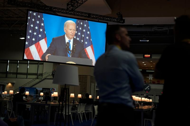President Joe Biden's news conference is projected onto a screen inside the media center on the final day of the NATO Summit in Washington, Thursday, July 11, 2024. (Photo/Pablo Martinez Monsivais)