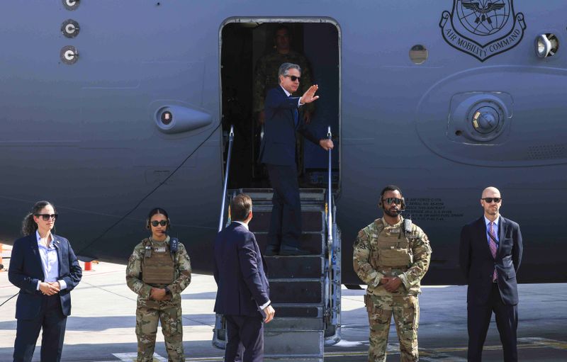 U.S. Secretary of State Antony Blinken gestures as he departs for Egypt, in Tel Aviv, Israel, Aug. 20, 2024. (Kevin Mohatt//Pool Photo via AP)