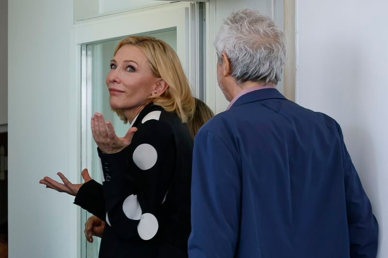 Cate Blanchett, left, and series director Alfonso Cuaron departing the photo call for the television series 'Disclaimer' during the 81st edition of the Venice Film Festival in Venice, Italy, on Thursday, Aug. 29, 2024. (Photo by Joel C Ryan/Invision/AP)