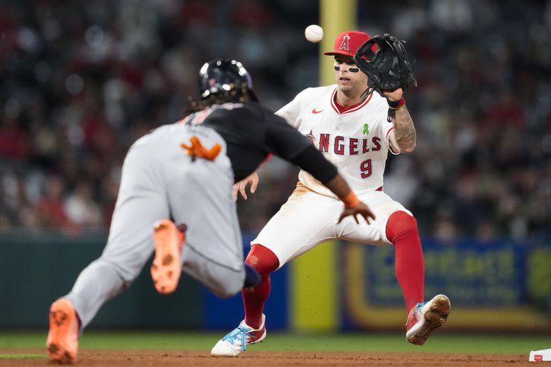 Cleveland Guardians' José Ramírez, left, is caught stealing second by Los Angeles Angels shortstop Zach Neto (9) during the eighth inning of a baseball game in Anaheim, Calif., Saturday, May 25, 2024. (AP Photo/Ashley Landis)