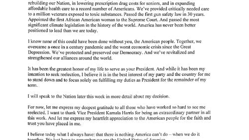 This screenshot taken from President Joe Biden's X account shows the letter that Biden wrote to announce that he was dropping out of the 2024 race for the White House on Sunday, July 21, 2024, and would no longer seek reelection. (X via AP)