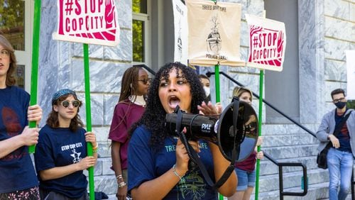 Emory University student Jaanaki Radhakrishnan speaks at a rally protesting Atlanta’s proposed public safety training center at Emory University in Atlanta on Monday, April 24, 2023. (Arvin Temkar / arvin.temkar@ajc.com)