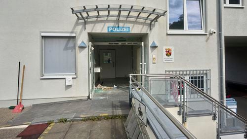 The entrance to the police station in Linz, Germany, after an attack, Friday Sept. 6, 2024. (Thomas Frey/dpa via AP)