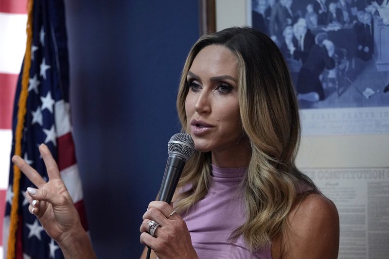 Republican National Committee Co-chair Lara Trump addresses an election integrity volunteer training program at the Oakland County GOP Headquarters, Friday, June 14, 2024 in Bloomfield Hills, Mich. (AP Photo/Carlos Osorio)