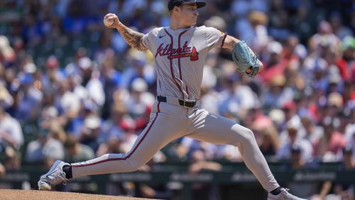 Atlanta Braves starting pitcher AJ Smith-Shawver throws during the first inning of a baseball game against the Chicago Cubs, Thursday, May 23, 2024, in Chicago. (AP Photo/Erin Hooley)