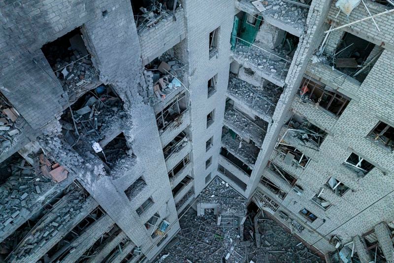 A residential building is seen heavily damaged after a Russian airstrike in Kramatorsk, Donetsk region, Ukraine, Wednesday, Sept. 25, 2024. (AP Photo/Evgeniy Maloletka)