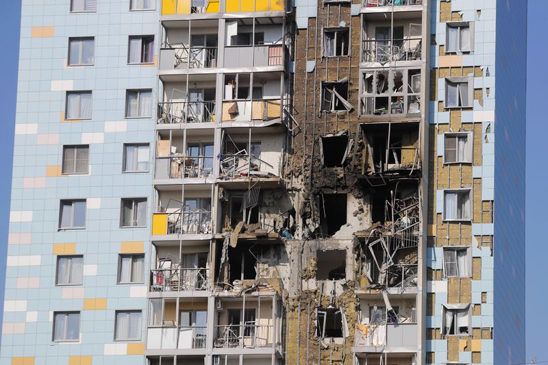 A view of the site of the damaged multi-storey residential building following an alleged Ukrainian drone attack in Ramenskoye, outside Moscow, Moscow region, Russia, on Tuesday, Sept. 10, 2024. (AP Photo)