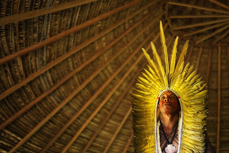 Apolima-Arara leader Jose Angelo Macedo Avelino sings in Nordestino village, Acre state, Brazil, Monday, June 24, 2024. (AP Photo/Jorge Saenz)