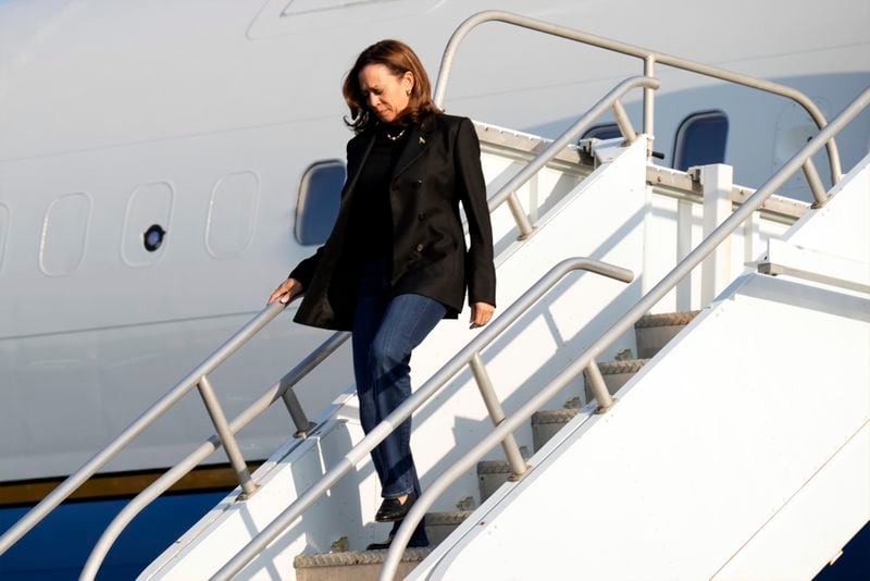 Democratic presidential nominee Vice President Kamala Harris arrives on Air Force Two at Atlantic Aviation Philadelphia, Monday, Sept. 9, 2024, near Philadelphia International Airport, ahead of the presidential debate with Republican presidential nominee former President Donald Trump. (AP Photo/Jacquelyn Martin)