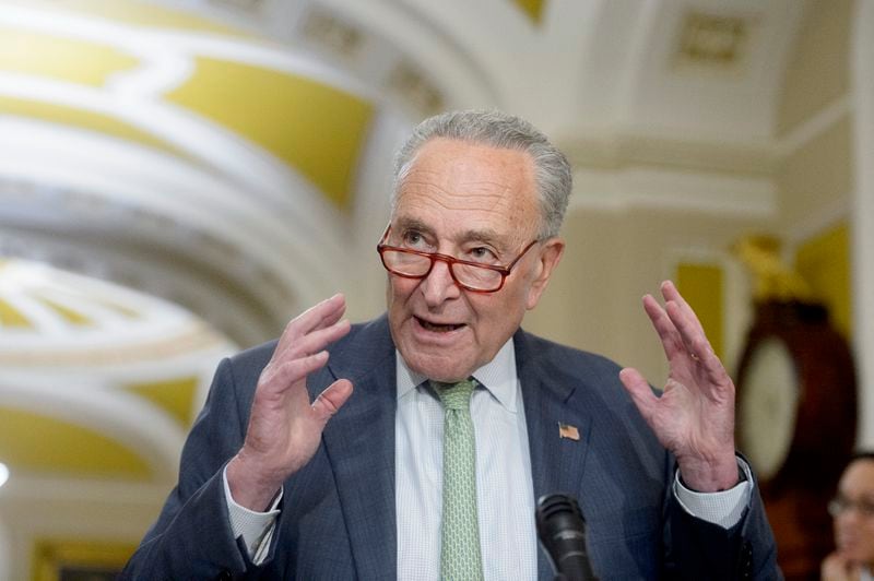 Senate Majority Leader Chuck Schumer, D-N.Y., offers remarks following the Senate Democrat policy luncheon at the Capitol in Washington, Tuesday, Sept. 10, 2024. (AP Photo/Rod Lamkey, Jr.)