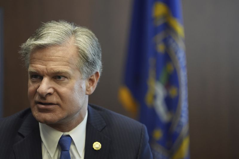 FBI Director Christopher Wray answers questions during an interview, Wednesday, Aug. 21, 2024, in Brooklyn Center, Minn. (AP Photo/Abbie Parr)