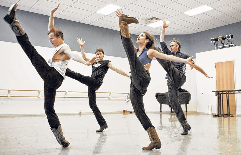 Dancers Jacob Bush (from left), Christian Clark, Lisa Barrieau, and Jonah Hooper rehearse "Sam Hall" from James Kudelka's "The Man in Black."