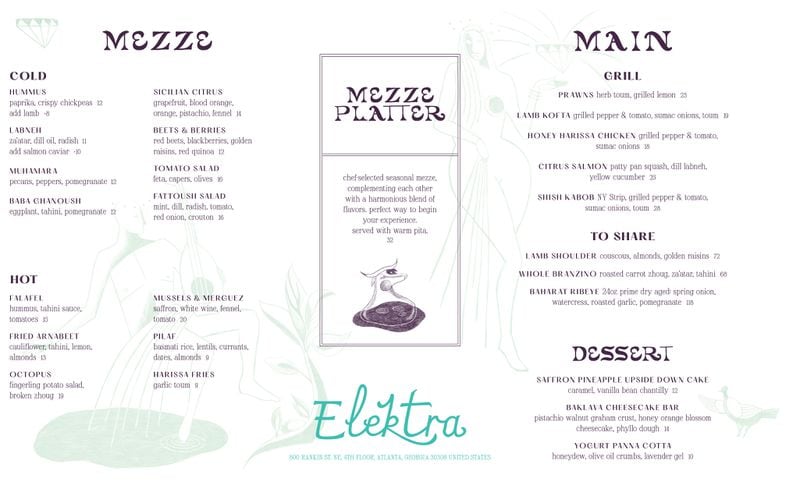 The dinner menu at Elektra.