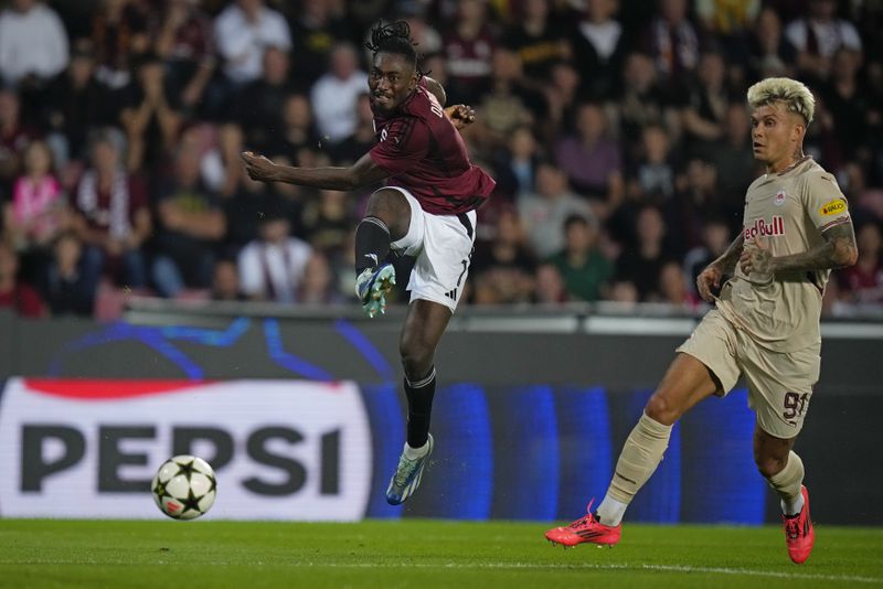 Sparta's Victor Olatunji scores his side's second goal during the Champions League opening phase soccer match between Sparta Prague and Salzburg in Prague, Czech Republic, Wednesday, Sept. 18, 2024. (AP Photo/Petr David Josek)