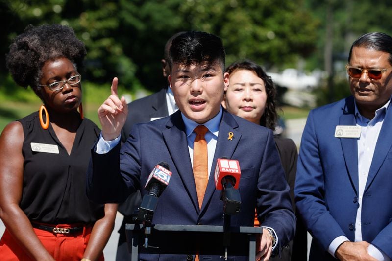 Youth activist Tyler Lee hosts a National Gun Violence Awareness Day event to advocate for changes to gun laws at Gwinnett County Justice and Administration Center on Friday, June 7, 2024. (Natrice Miller/ AJC)