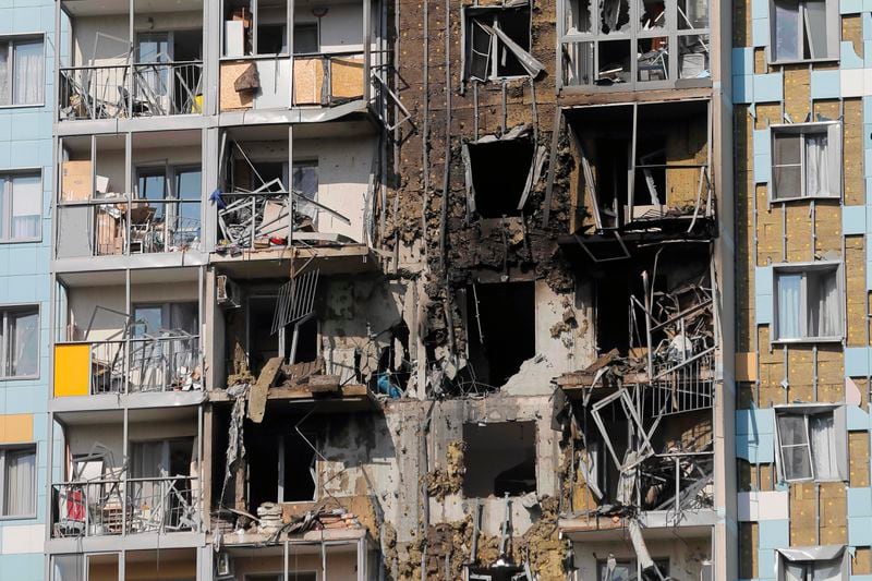 A view of the site of the damaged multi-storey residential building following an alleged Ukrainian drone attack in Ramenskoye, outside Moscow, Moscow region, Russia, on Tuesday, Sept. 10, 2024. (AP Photo)