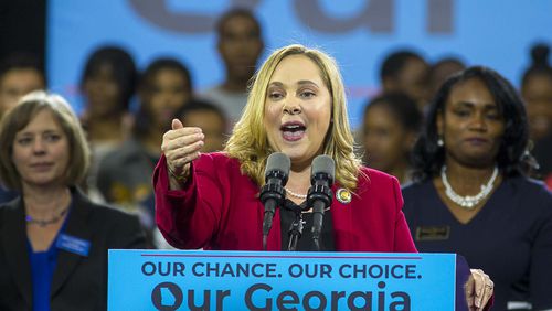 11/02/2018 -- Atlanta, Georgia -- Sarah Riggs Amico, Democratic nominee for Lieutenant Governor, )speaks during a rally for gubernatorial candidate Stacey Abrams in Forbes Arena at Morehouse College, Friday, November 2, 2018.  (ALYSSA POINTER/ALYSSA.POINTER@AJC.COM)