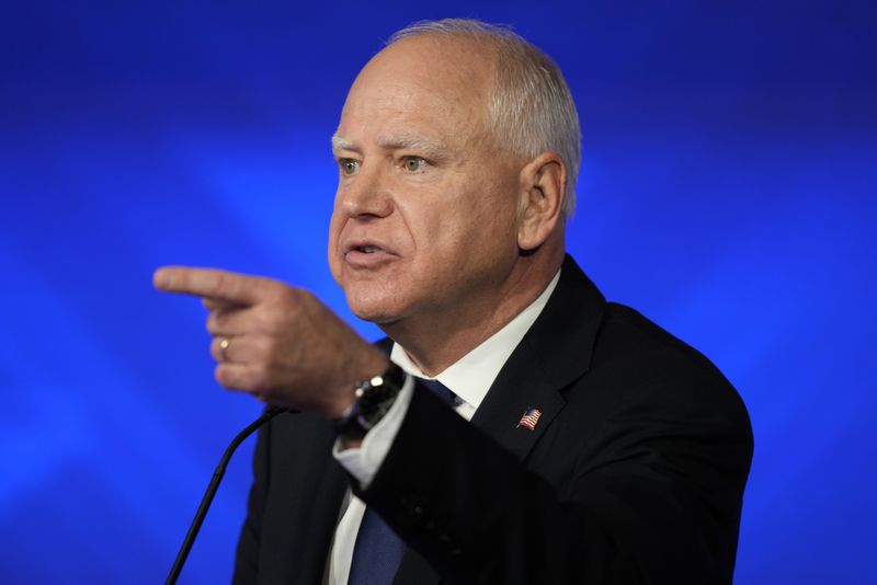 Democratic vice presidential nominee Minnesota Gov. Tim Walz speaks during a vice presidential debate hosted by CBS News, with Republican vice presidential nominee Sen. JD Vance, R-Ohio, Tuesday, Oct. 1, 2024, in New York. (AP Photo/Matt Rourke)