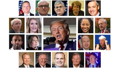 Former President Donald Trump (center) was indicted Monday by a Fulton County grand jury on multiple felony charges. Also indicted were (top row) former Trump campaign official Mike Roman, former Trump personal attorney Rudy Giuliani, former chairman of the Georgia Republican Party David Shafer, former elections supervisor for Coffee County Misty Hampton, former Trump campaign attorney Kenneth Chesebro, (2nd row) former Trump campaign attorney John Eastman, Trump campaign-affiliated attorney Jenna Ellis, former publicist for rapper Kanye West Trevian Kutti, former White House chief of staff Mark Meadows, (third row) former director of Black Voices for Trump Harrison Floyd, former Trump campaign attorney Sidney Powell, former senior Department of Justice official Jeffrey Clark, Republican elector Cathy Latham, (fourth row) Atlanta lawyer Ray Smith III, Alpharetta lawyer Bob Cheeley, state Sen. Shawn Still, Atlanta bail bondsman Scott Hall and Stephen Cliffgard Lee, a police chaplain from Illinois.