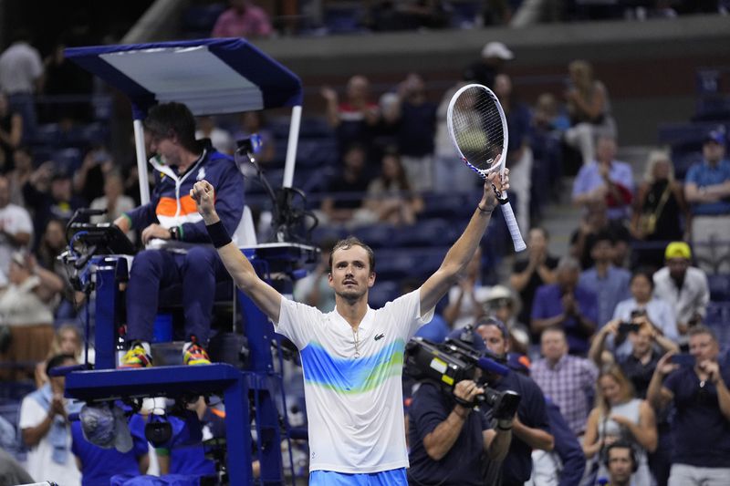 Daniil Medvedev, of Russia, reacts after defeating Flavio Cobolli, of Italy, during the third round of the U.S. Open tennis championships, Saturday, Aug. 31, in New York. 2024. (AP Photo/Matt Rourke)