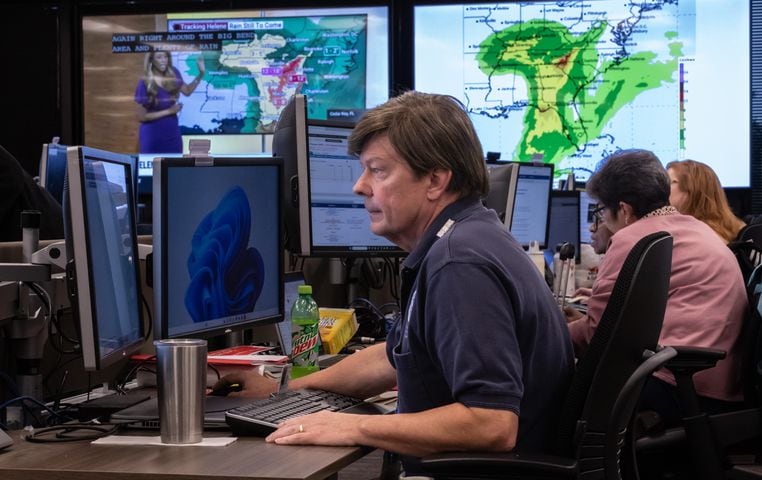 Chris Manowski works on storm coordination on Thursday, Sept. 26, 2024 at the FEMA Regional Response Coordination Center in DeKalb County. Hurricane Helene will make landfall as a major storm along Florida’s Big Bend region Thursday evening, and its impact will be felt throughout Georgia. As of Thursday morning, the storm is still swirling in the eastern Gulf of Mexico as a strong Category 1 hurricane with sustained windspeeds of 90 mph, according to the National Hurricane Center. (John Spink/AJC)