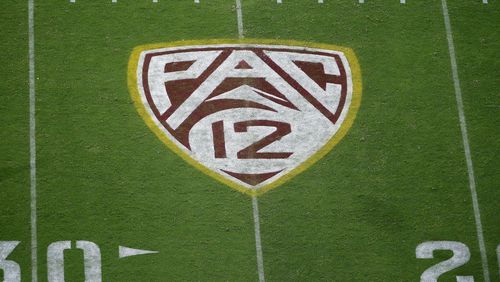 FILE - The Pac-12 logo at Sun Devil Stadium during the second half of an NCAA college football game between Arizona State and Kent State in Tempe, Ariz., Aug. 29, 2019. (AP Photo/Ralph Freso, File)