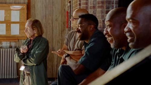 This image released by A24 shows, from left, Paul Raci, Sean San José, Colman Domingo, Sean “Dino” Johnson, and Mosi Eagle from "Sing Sing." (A24 via AP)