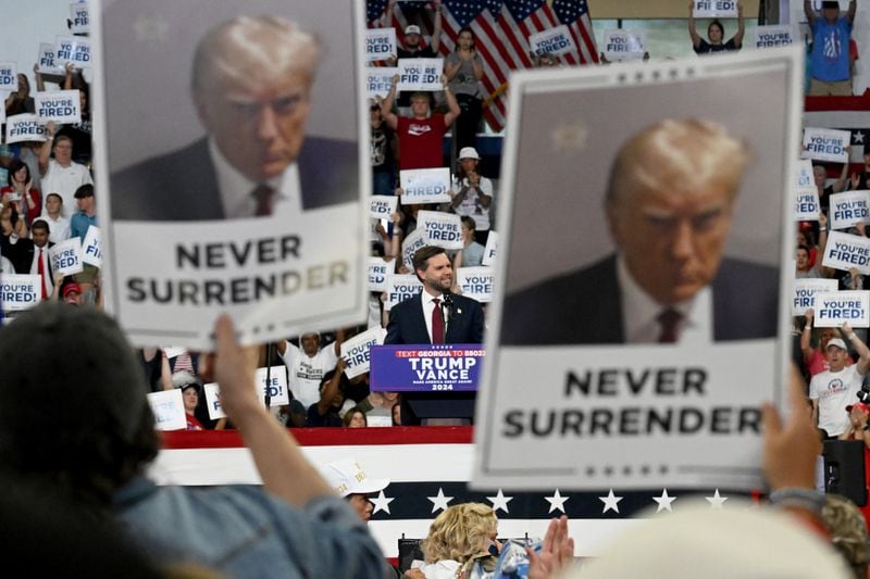 Former President Donald Trump and Vice-Presidential candidate JD Vance (above) held an Aug. 3 rally together at the GSU Convocation Center in Atlanta. Trump has plan to campaign Tuesday in Savannah, where he is expected to receive a warm welcome, even though he lost the popular vote in Savannah’s Chatham County in the last two elections. Hyosub Shin/AJC
