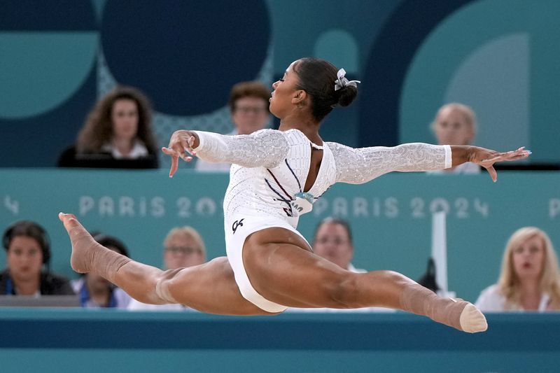 FILE - Jordan Chiles, of the United States, competes during the women's artistic gymnastics individual floor finals at Bercy Arena at the 2024 Summer Olympics, Monday, Aug. 5, 2024, in Paris, France. (AP Photo/Francisco Seco, File)