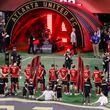 Atlanta United players line up for the national anthem before the soccer match against New York City F.C. at Mercedes-Benz Stadium on Wednesday, July 17, 2024.  (Miguel Martinez/ AJC)