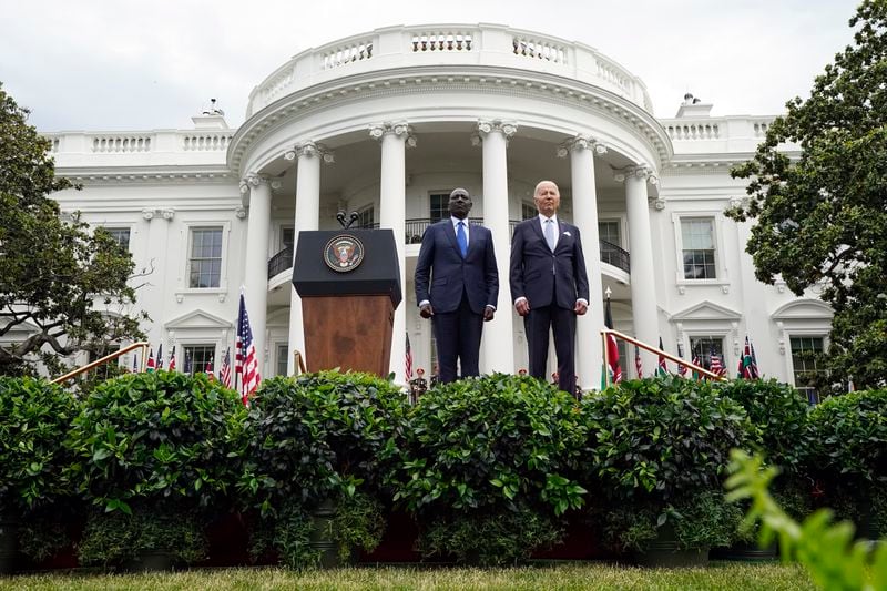 President Joe Biden and Kenya's President William Ruto participate in a State Arrival Ceremony on the South Lawn of the White House Thursday, May 23, 2024, in Washington. (AP Photo/Evan Vucci)