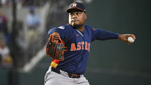 Houston Astros pitcher Framber Valdez pitches in the first inning of a baseball game against the Houston Astros, Sunday, Aug 6, 2024, in Arlington, Texas. (AP Photo/Albert Pena)