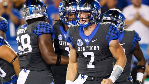 Kentucky quarterback Will Levis (7) celebrates a touchdown during the first half against LSU Saturday, Oct. 9, 2021, in Lexington, Ky. (Michael Clubb/AP)