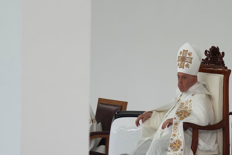 Pope Francis leads the holy mass at Gelora Bung Karno Stadium in Jakarta, Indonesia, Thursday, Sept. 5, 2024. (AP Photo/Dita Alangkara, Pool)